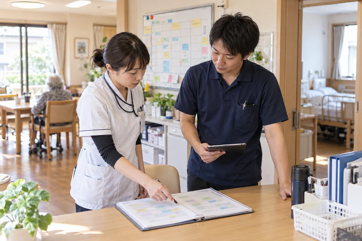 看護小規模多機能型居宅介護の拠点で看護師と介護職が訪問・通い・宿泊の配置表を確認するAI生成の架空イメージ