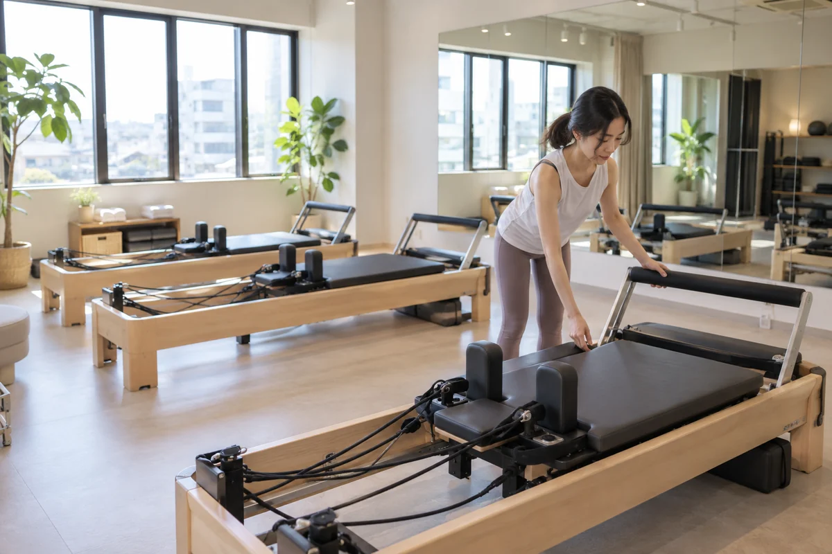 ピラティススタジオでリフォーマーの安全点検と少人数レッスン準備を行うインストラクターを表したAI生成の架空イメージ