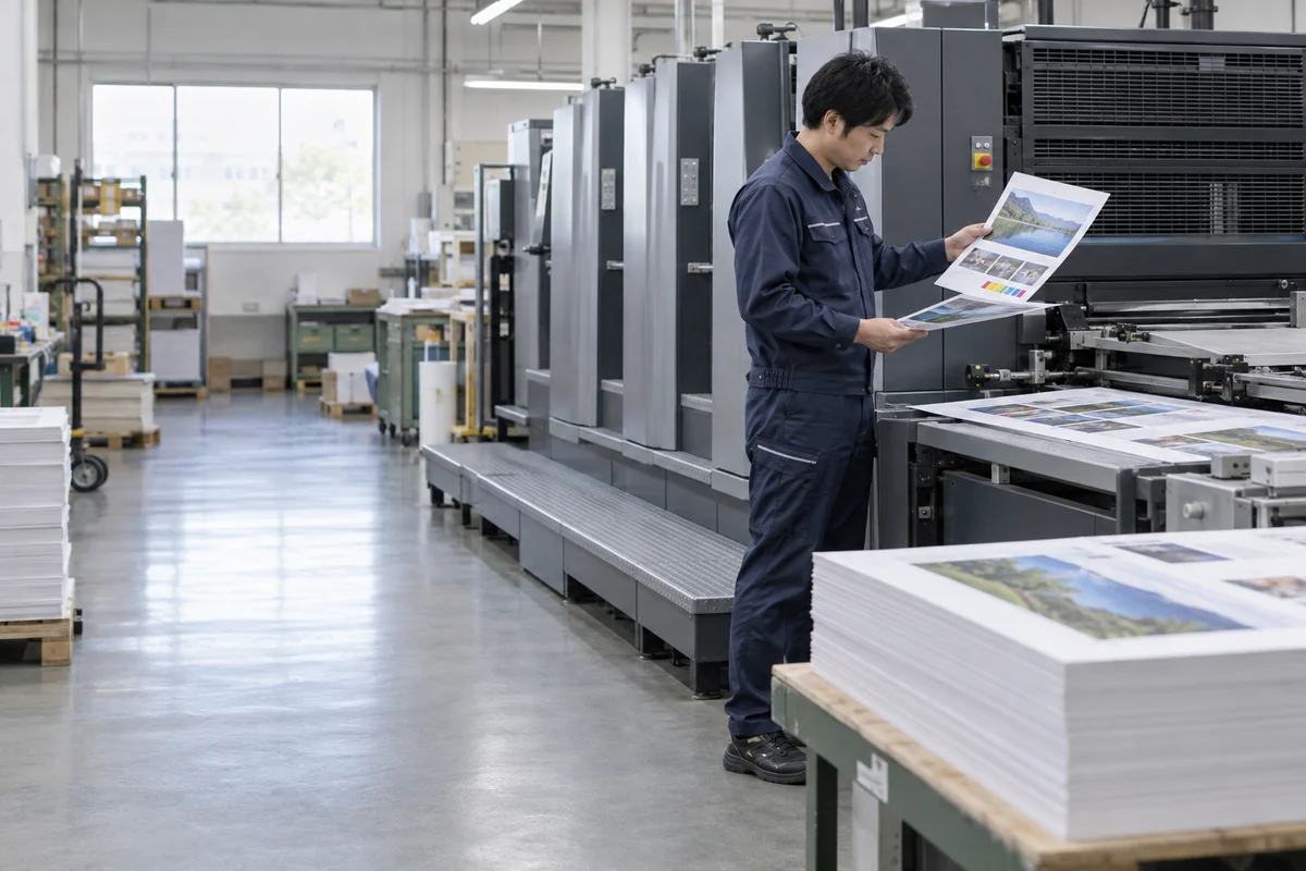 商業印刷工場で色校正を確認する担当者の架空イメージ