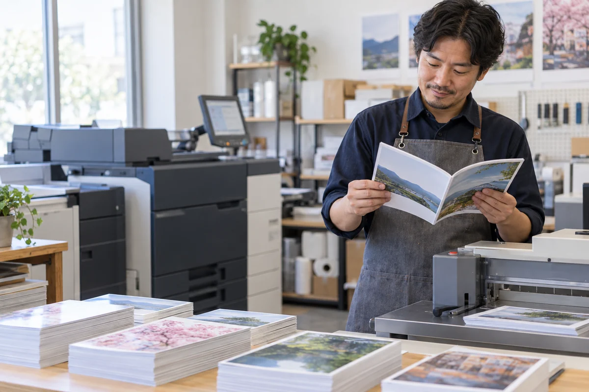 小ロット冊子の仕上がりを確認するプリントショップ店主の架空イメージ