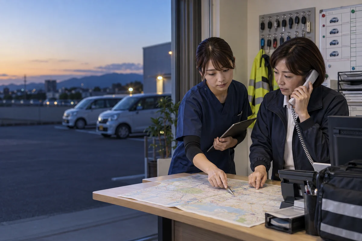 定期巡回・随時対応型訪問介護看護の拠点で看護職と管理者が配車を確認するAI生成の架空イメージ