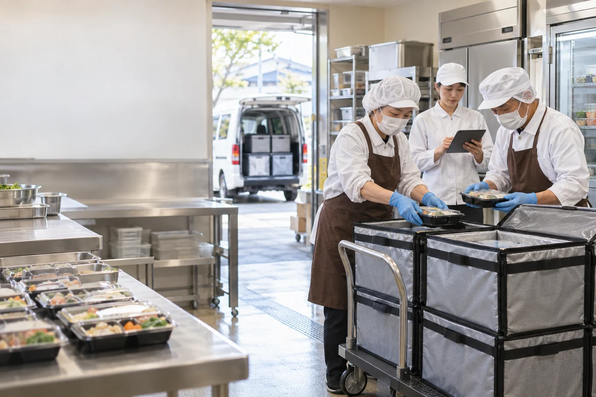 配食の厨房で弁当を保温配送箱に収め、出荷を確認するスタッフ