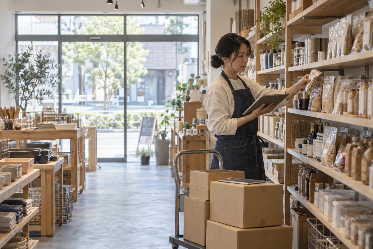 愛知県の小売店で開業前に商品在庫を数えて発注計画を確認するAI生成の架空イメージ