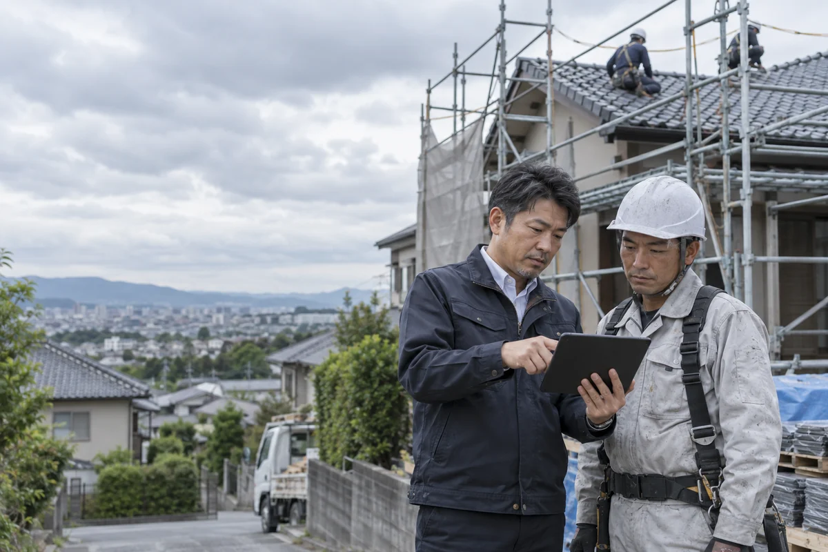 愛知県の住宅工事現場で屋根工事業者が安全と雨天工程を確認するAI生成の架空イメージ