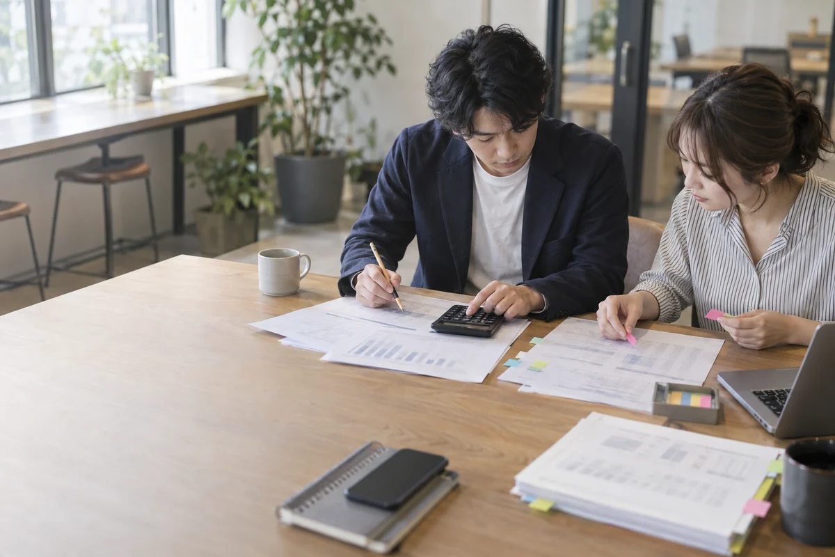 愛知県の創業予定者が第三者と売上計算・見積り・資金繰りを再計算するAI生成の架空イメージ