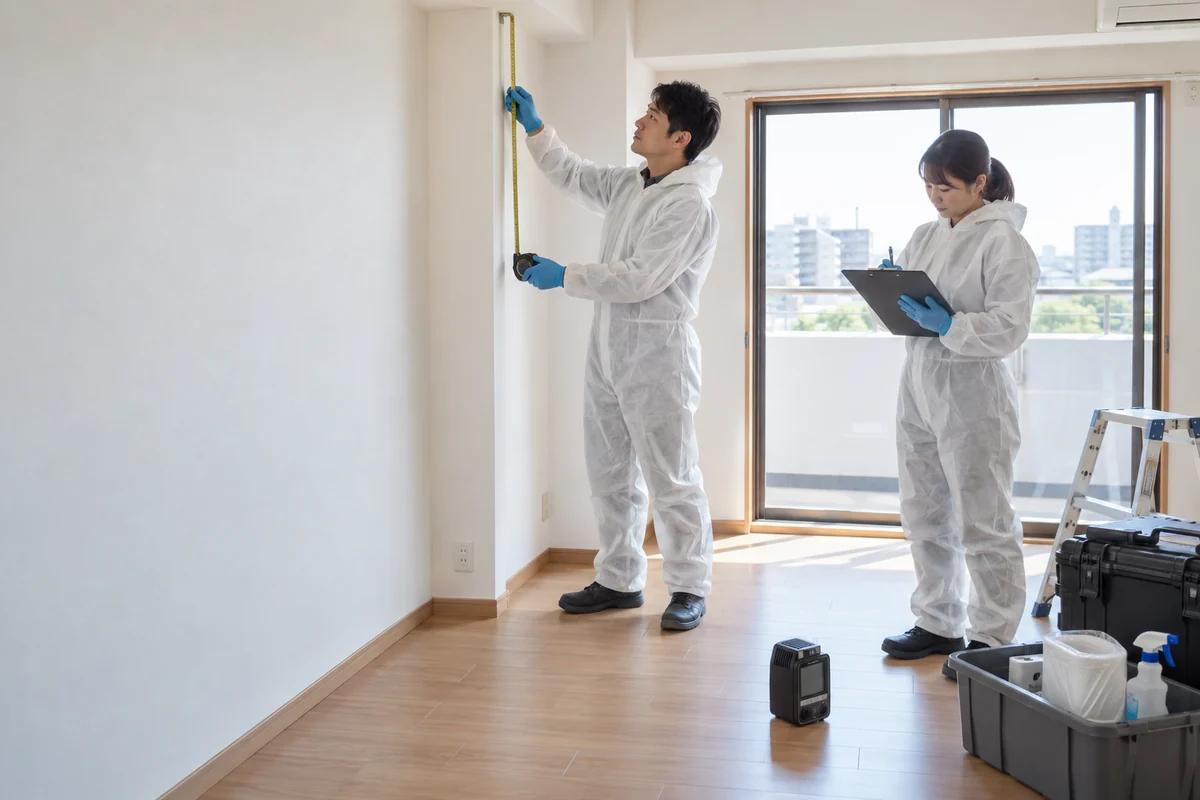 特殊清掃の現場で作業範囲を測定し記録するスタッフの架空イメージ