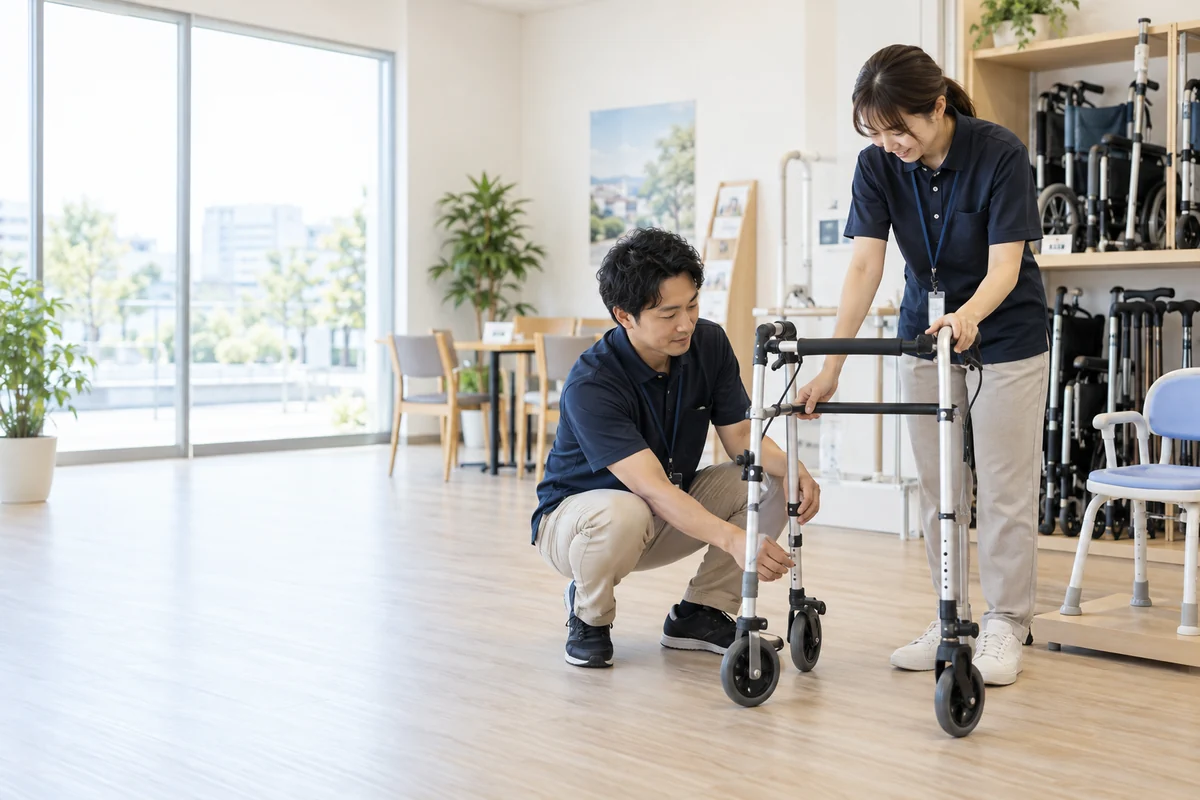 福祉用具販売の準備で歩行器の高さとブレーキを確認する専門スタッフの架空イメージ