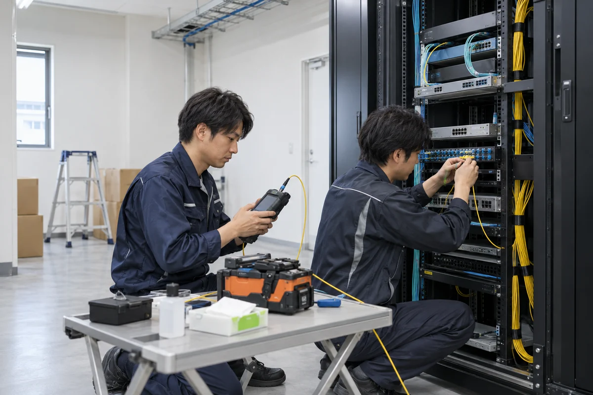 通信設備室でネットワーク機器と光回線を試験する二人の電気通信工事スタッフの架空イメージ