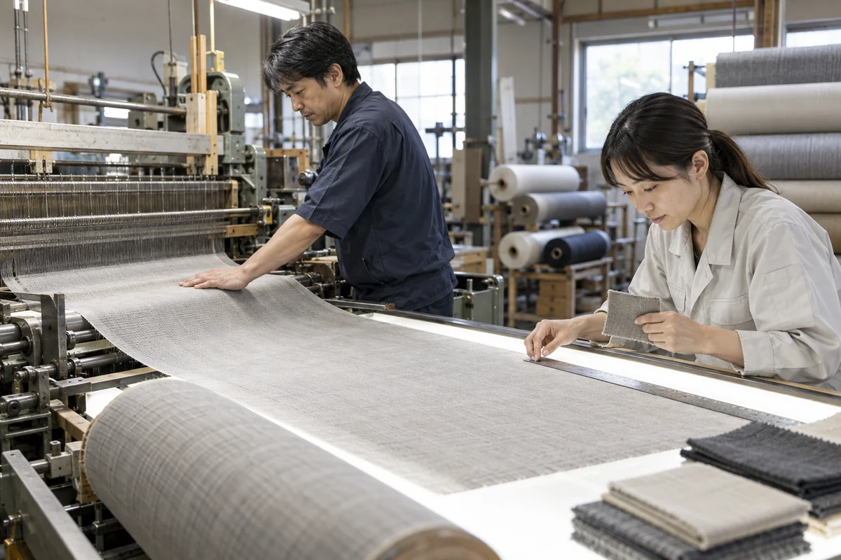 繊維工場で織機から出た生地の幅と表面を検査する二人の作業者の架空イメージ