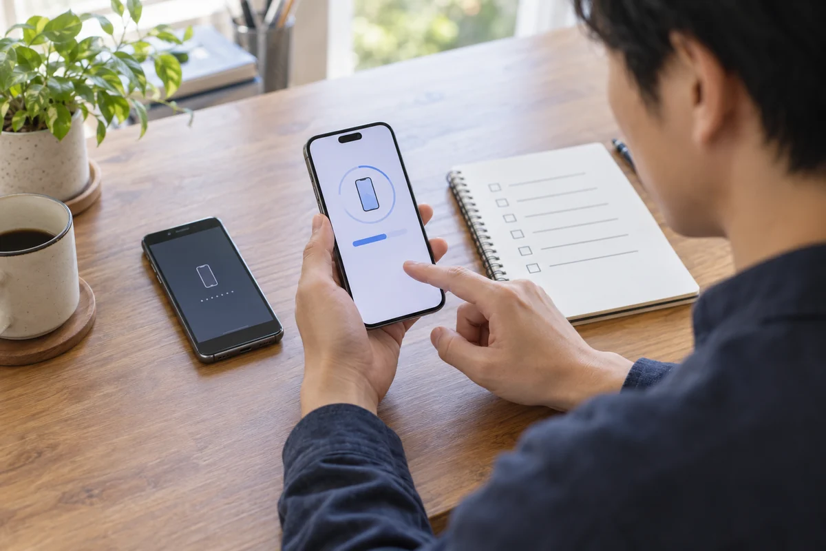 新旧2台のスマートフォンと確認表を使って業務アプリの移行準備をする日本人事業者の架空イメージ