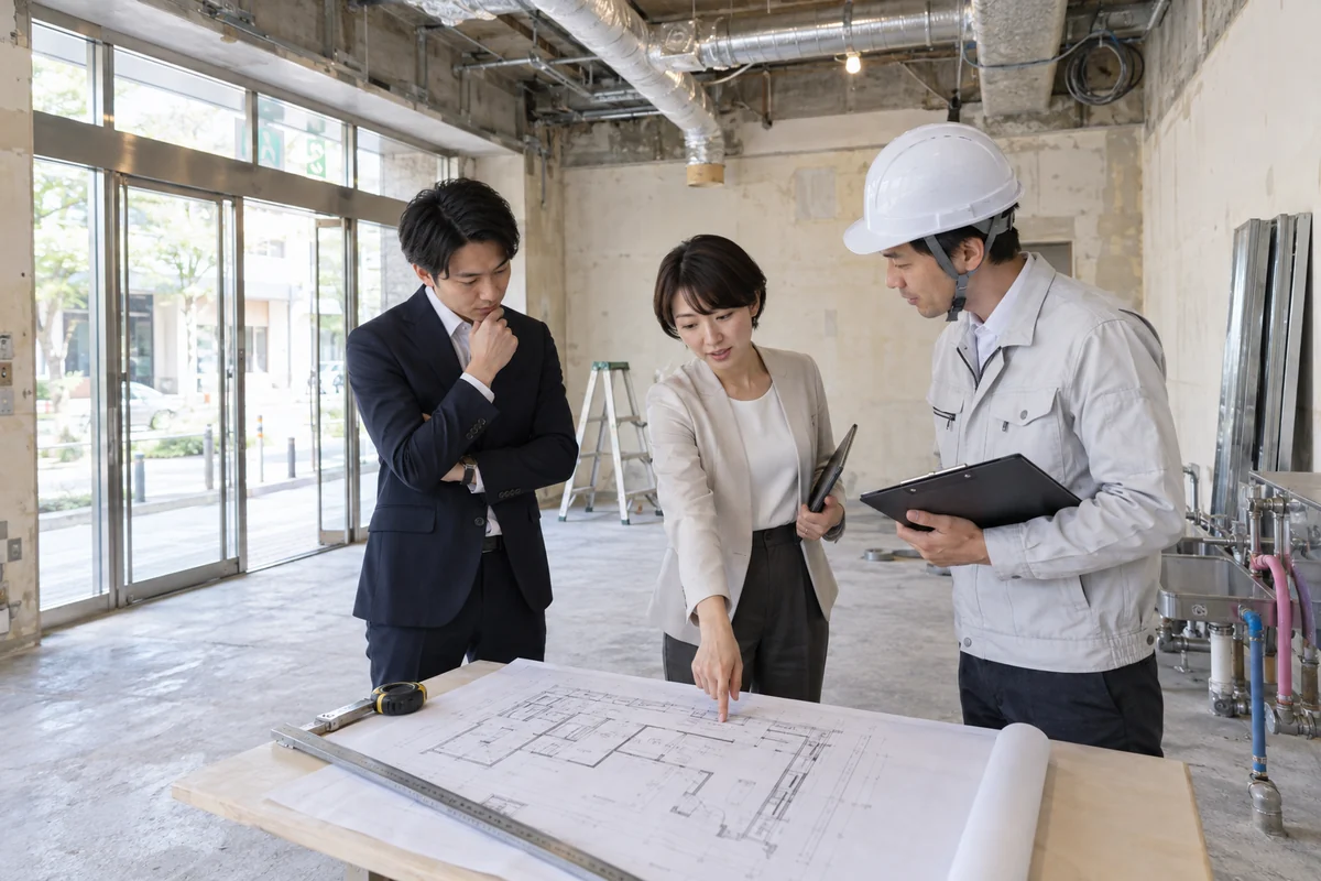 空の店舗予定地で創業者と専門家が平面図、設備位置、許認可条件を確認する架空イメージ