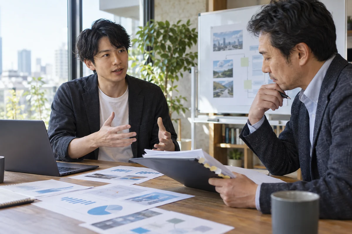 日本人の創業者が事業計画の数字を説明し、支援者が資料索引を確認する架空イメージ