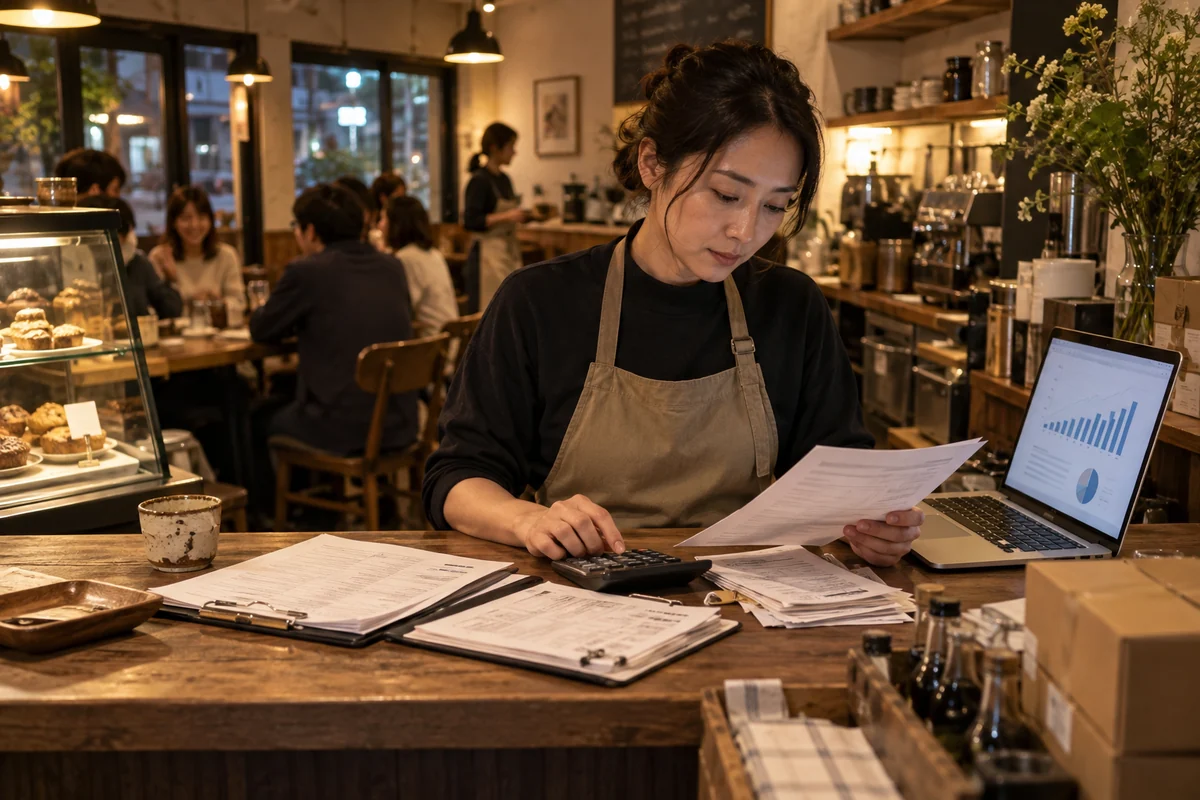 営業中の小規模店舗で経営者が売上記録と請求書を確認する架空場面