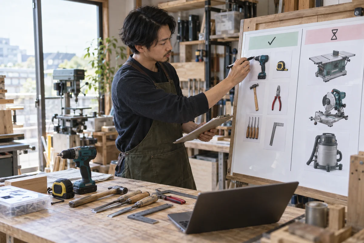 小規模な作業場で創業者が既存工具と段階導入する設備を確認し、限られた自己資金の使途を整理する架空イメージ