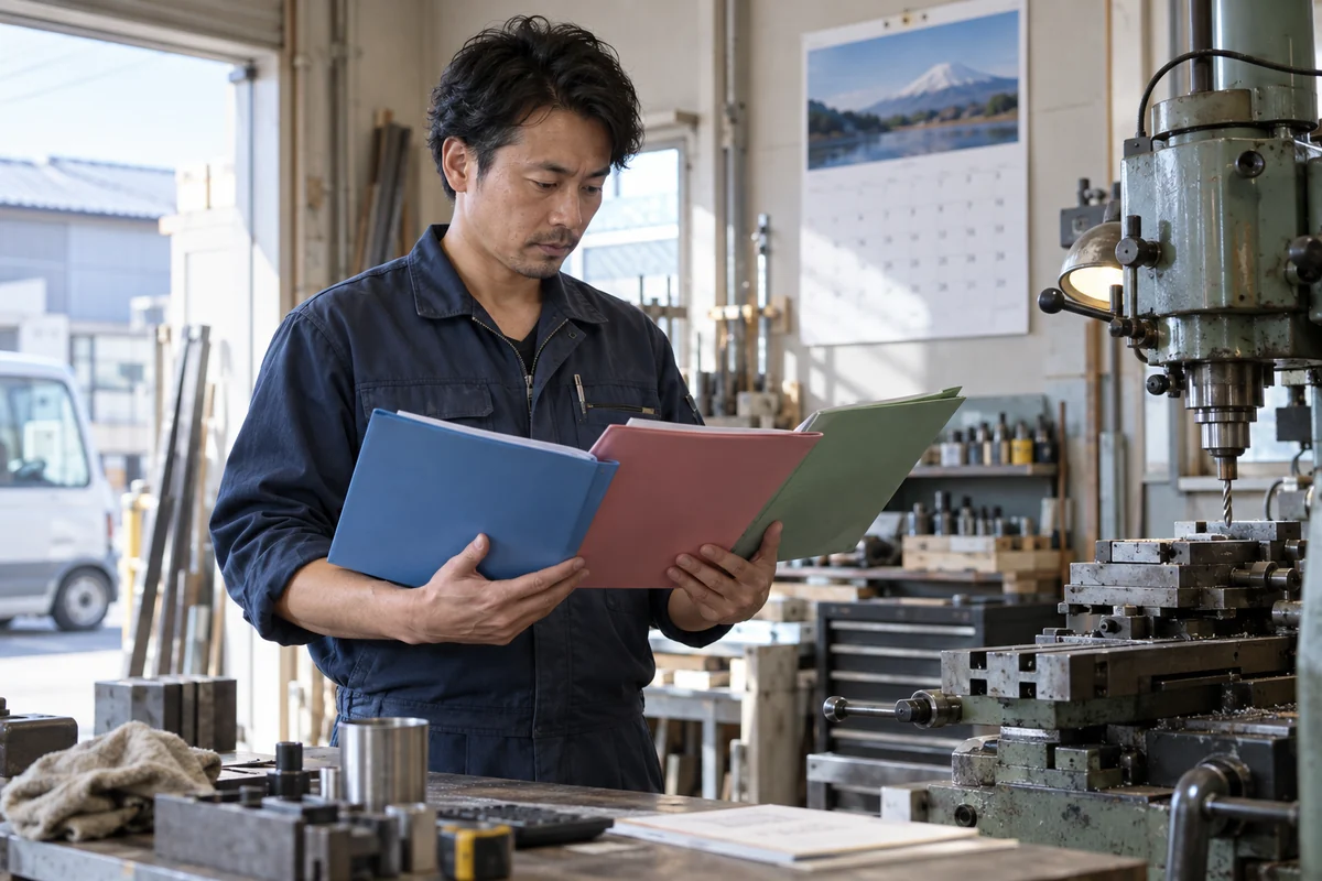 事業用設備のそばで複数の借入明細とリース契約、返済予定表を色分けして確認する日本人経営者の架空イメージ