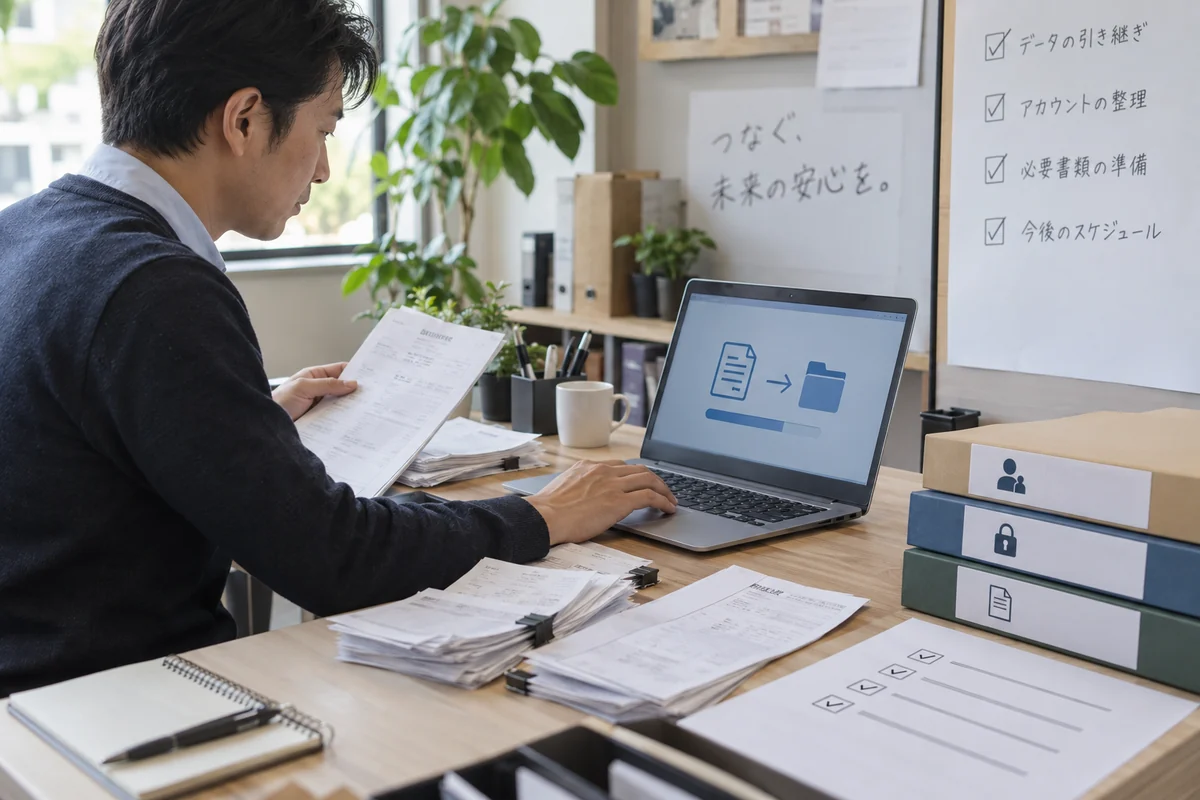 小規模事業者がバックオフィスで会計データを書き出し、請求書、権限一覧、引継ぎ資料を整理する架空イメージ