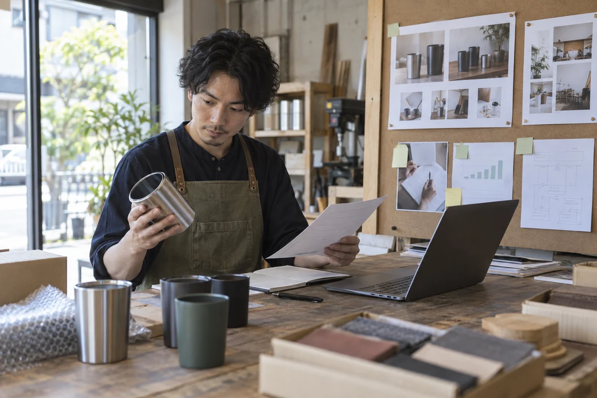 開業予定の作業場で創業者が試作品、見積書、顧客予約、資金計画を一つずつ確認する架空イメージ