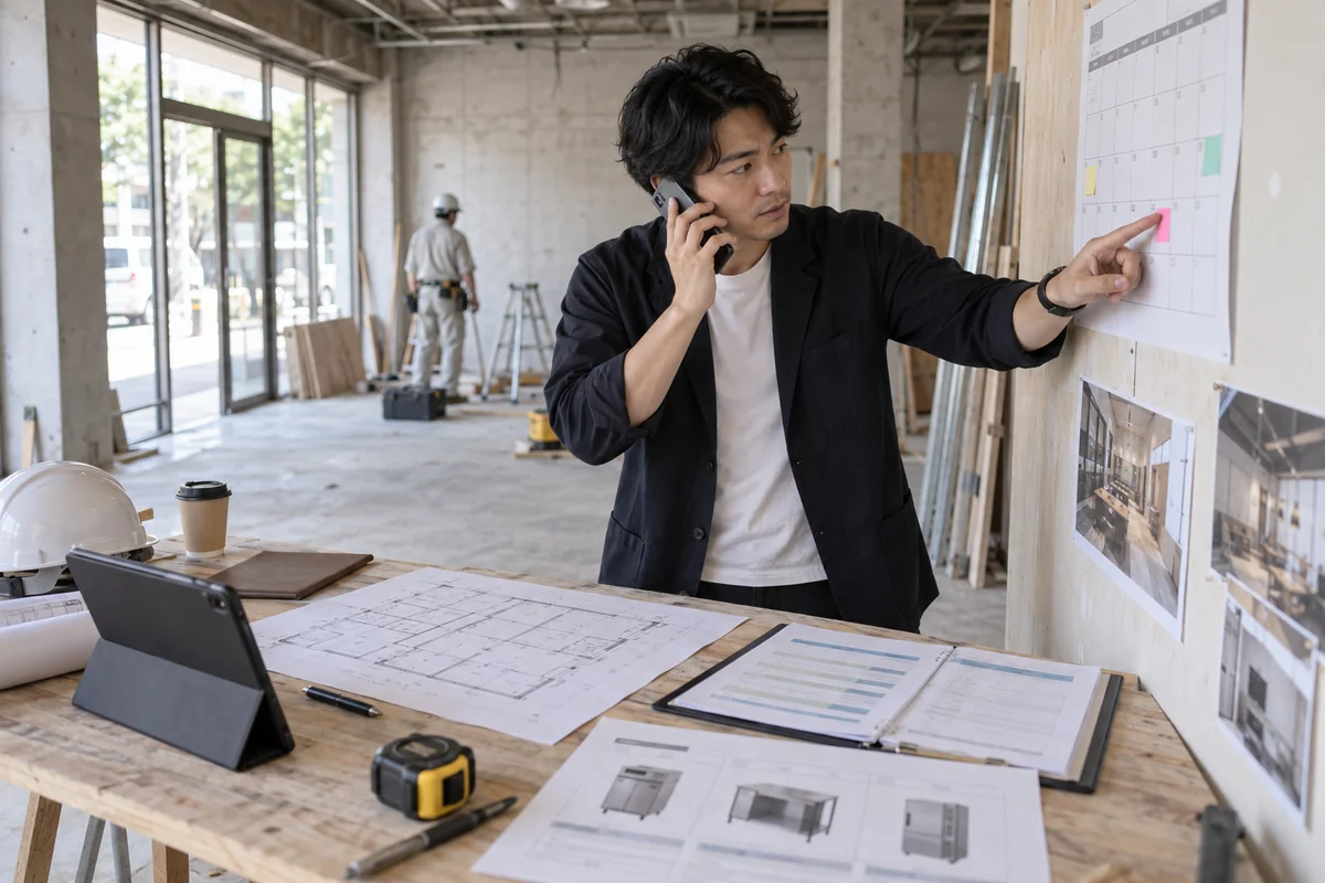 開業前の空き店舗で創業者が施工担当者と電話連絡しながら支払期限、工事日程、必要書類を確認する架空イメージ
