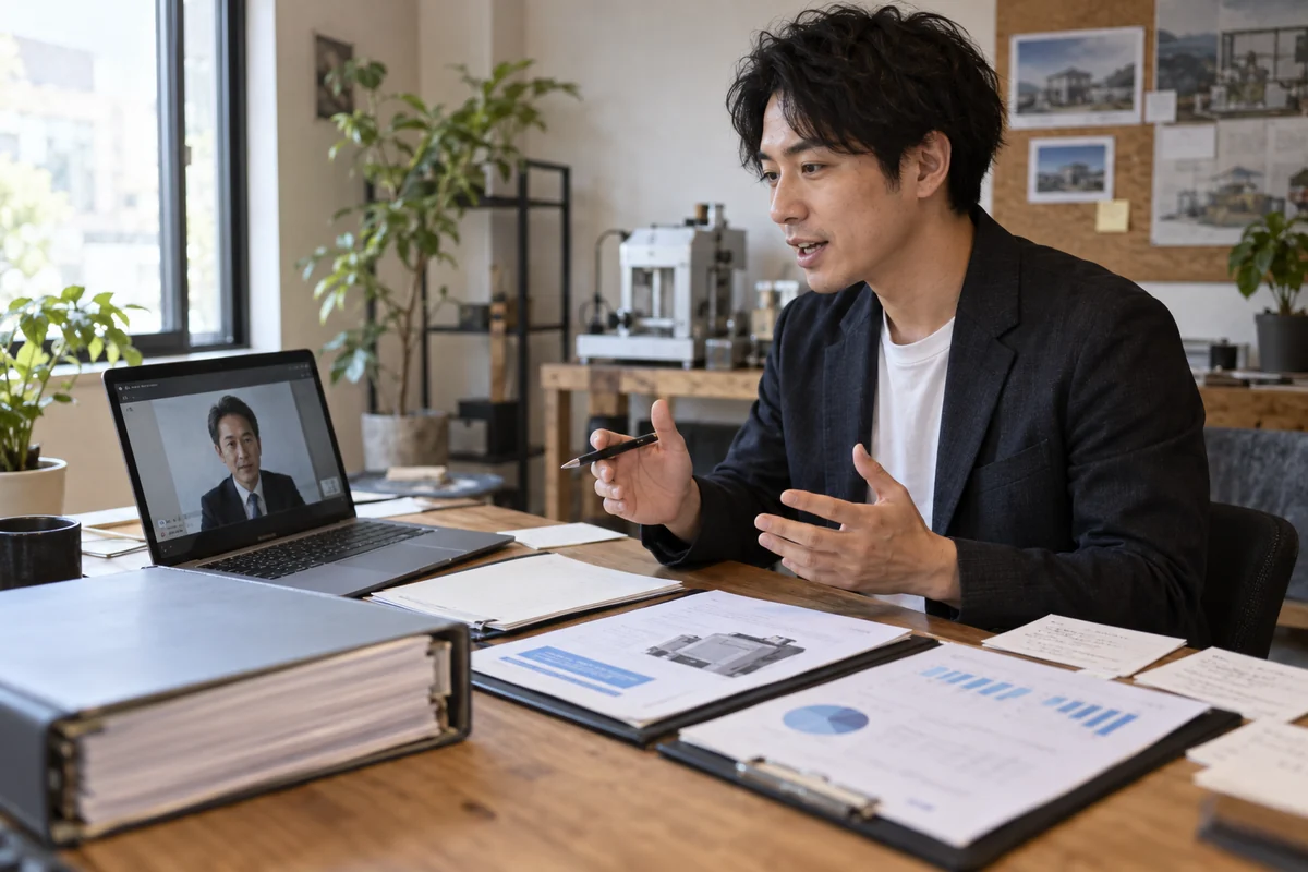 創業者がオンライン面談で提出済み資料、更新見積書、資金繰り表、質問カードを使って事業説明を練習する架空イメージ