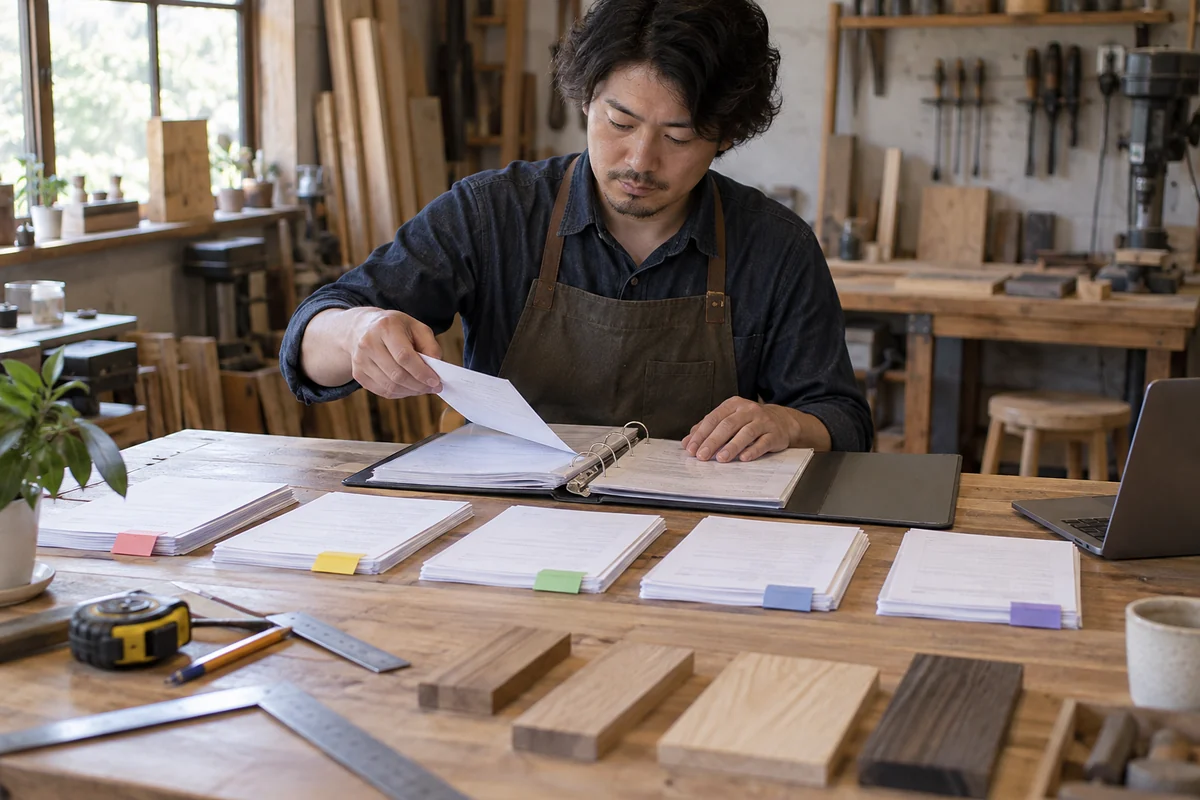 木工房で、色付き付箋のある資料とバインダーを整理する男性