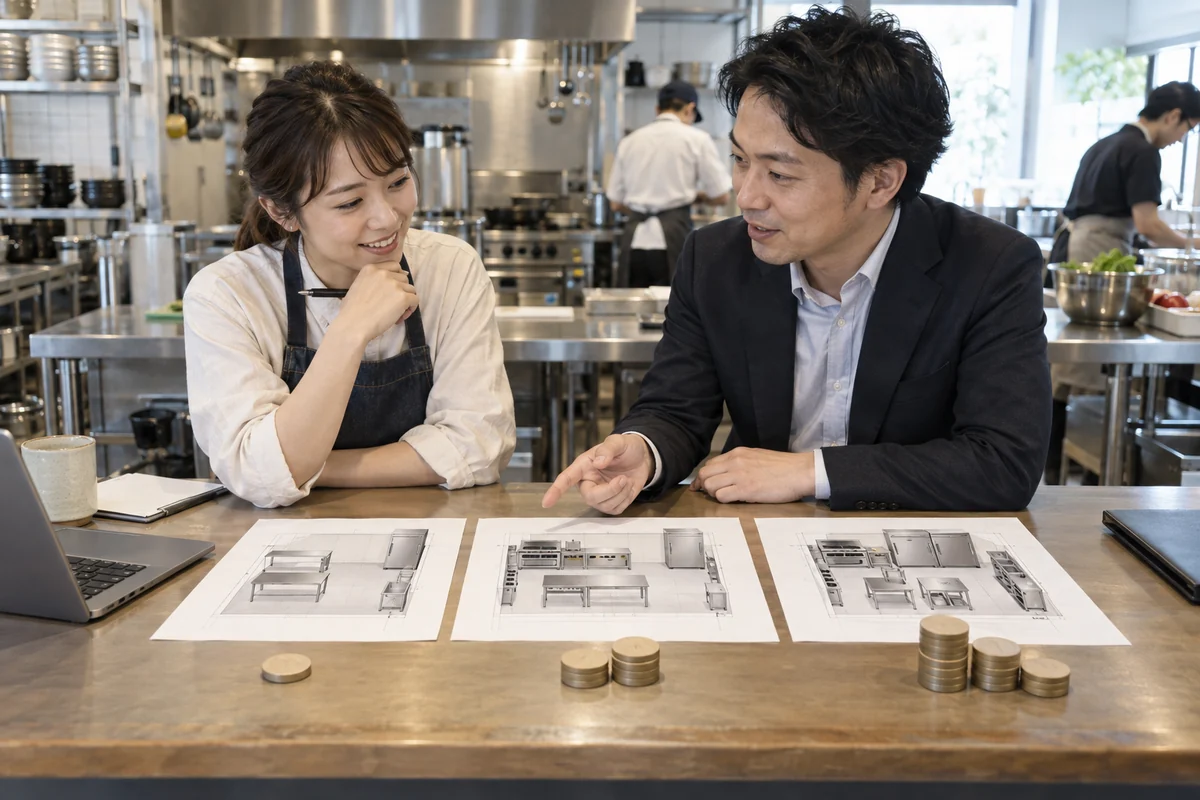 共同厨房で創業者と設備業者が三つの厨房配置案と予算カードを比較し必要額の幅を検討する架空イメージ