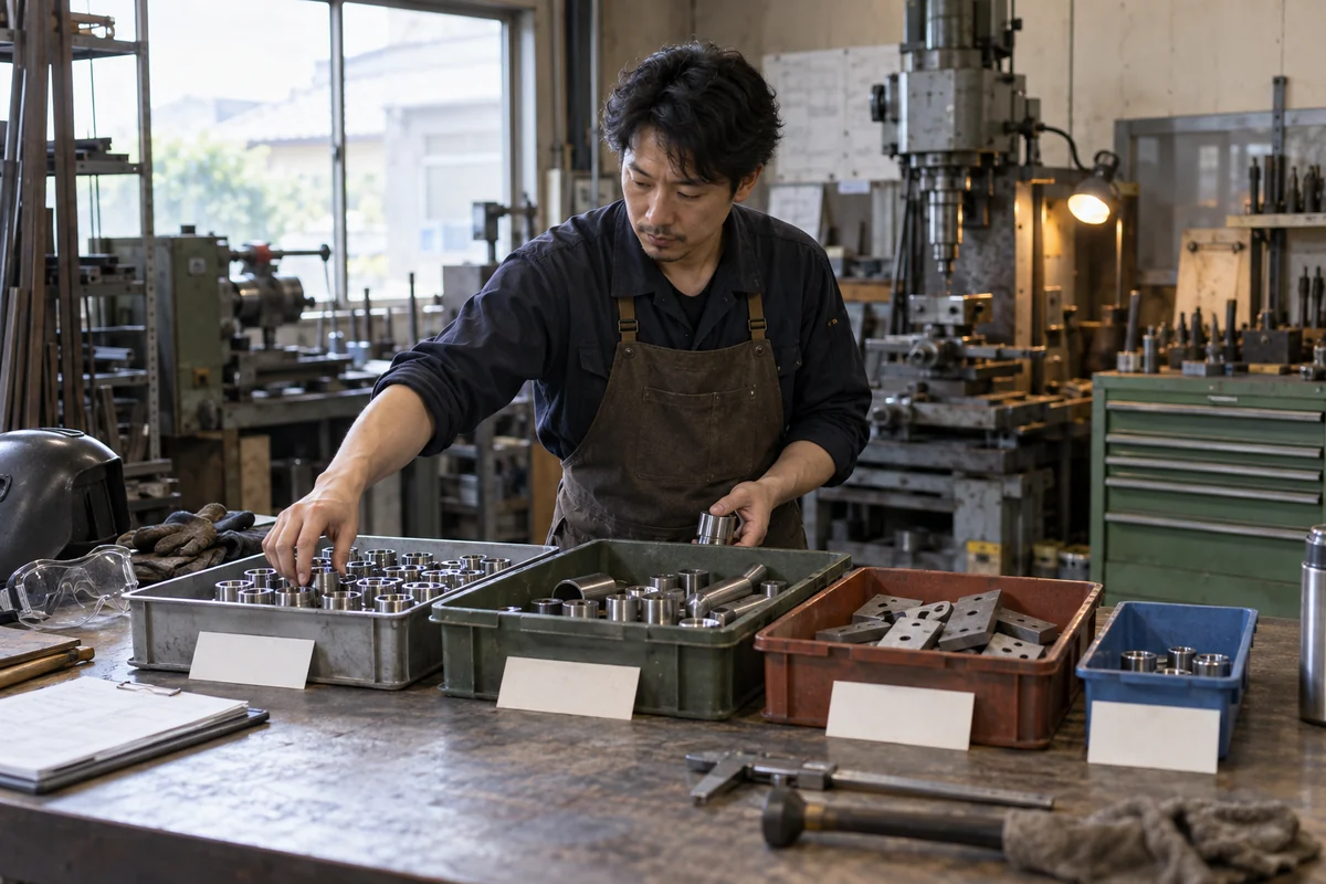 小規模な金属加工工房で創業者が取消された注文の材料、完了作業、残工程、代替案件の製作予定を整理する架空イメージ