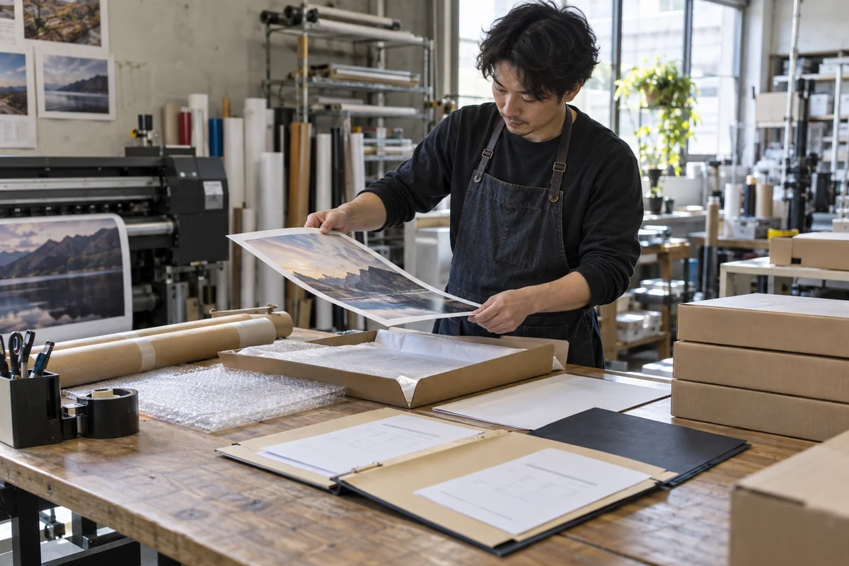 小規模な印刷・サイン製作工房で創業者が完成品の検品、出荷、注文書、請求予定、材料使用を案件別に照合する架空イメージ