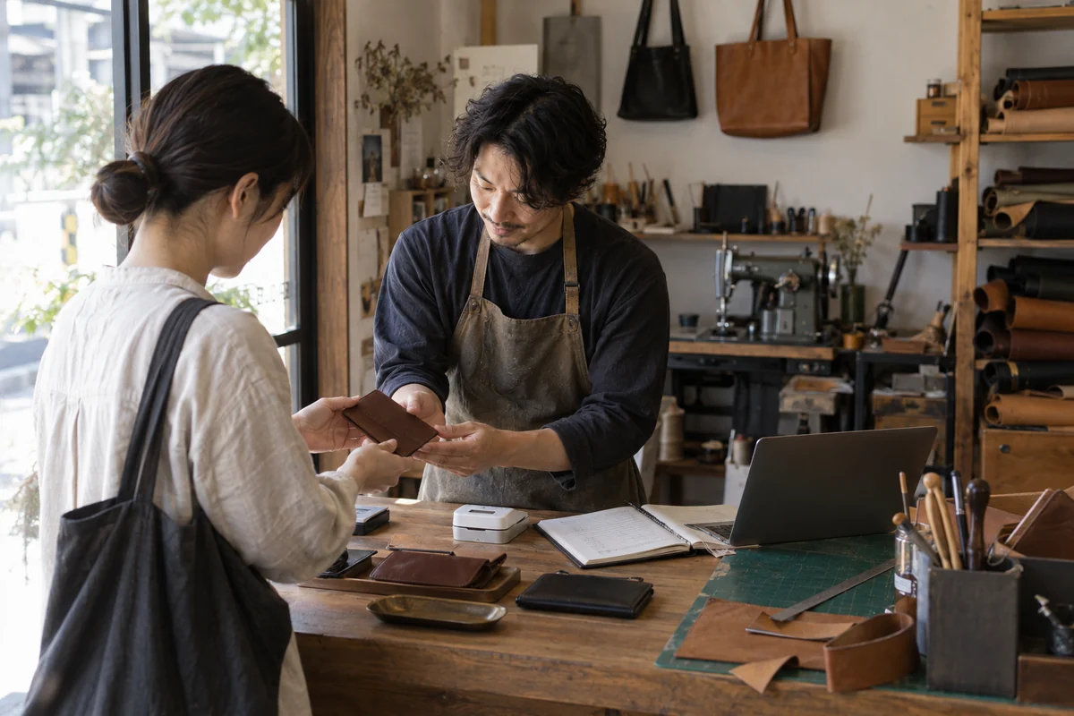 開業直後の革小物工房で創業者が接客しながら現金売上、カード決済、材料使用、受注記録を整理する架空イメージ