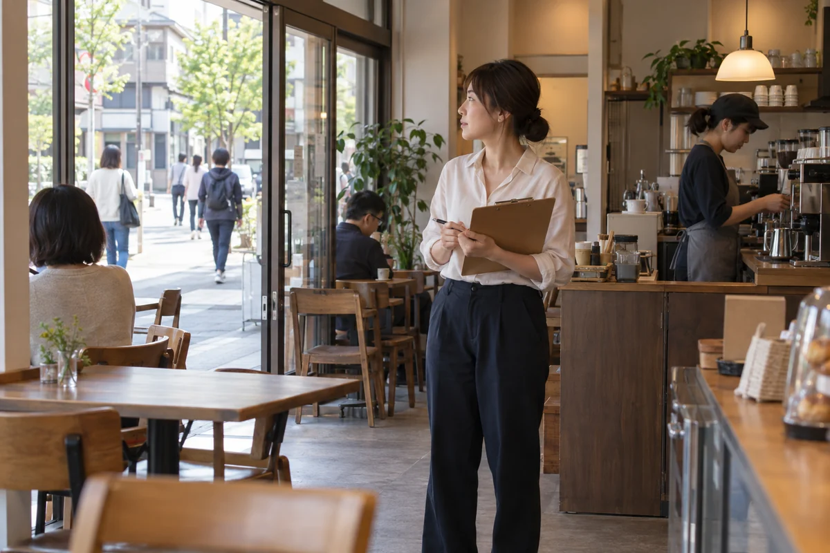 フランチャイズ飲食店の開業予定者が候補店舗で通行量と席数を確認し、厨房設備と営業計画を見比べる架空イメージ