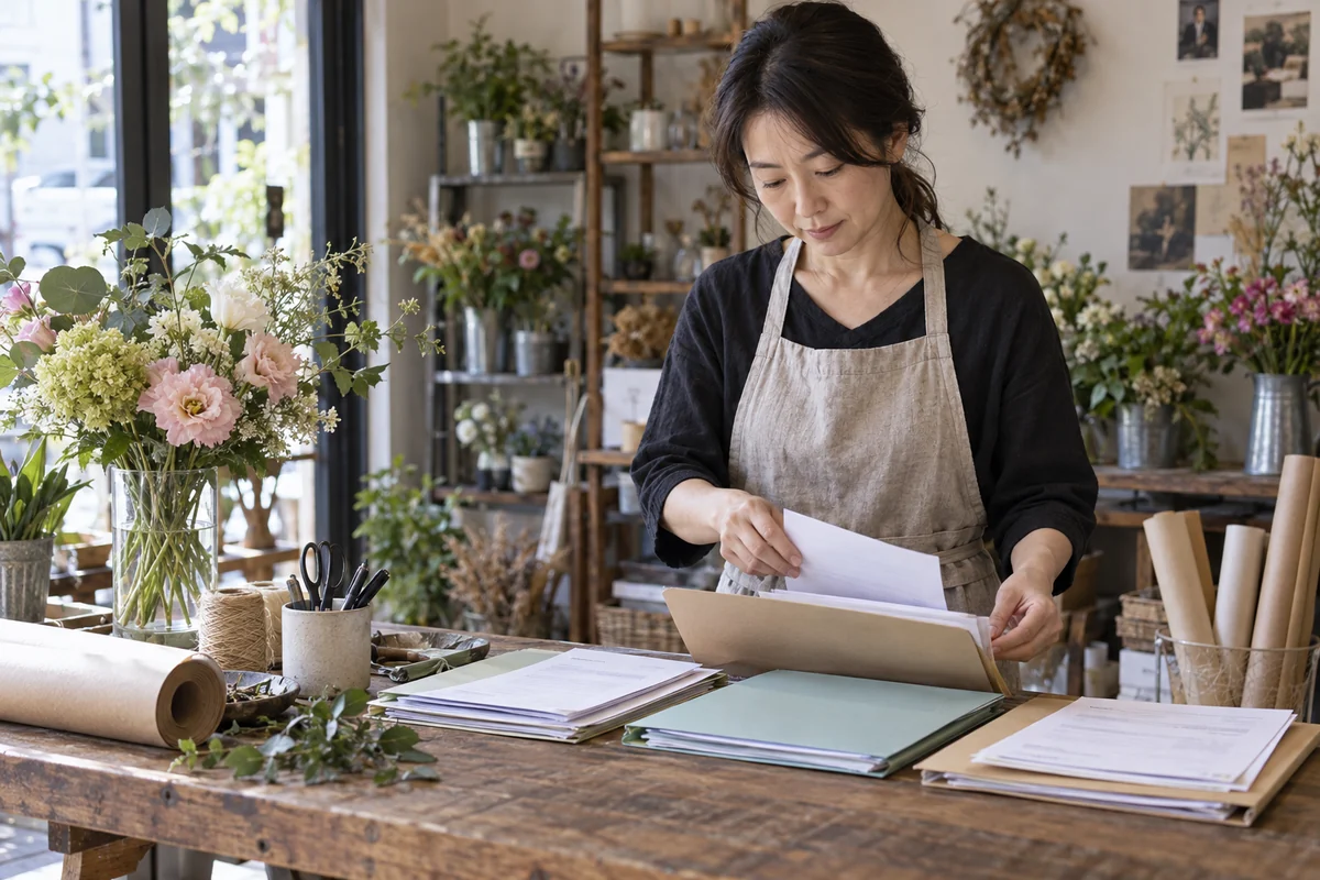 開業予定の花店で創業者が花材の仕入計画と、相続金・保険金の受領通知や事業資金用口座の記録を整理する架空イメージ