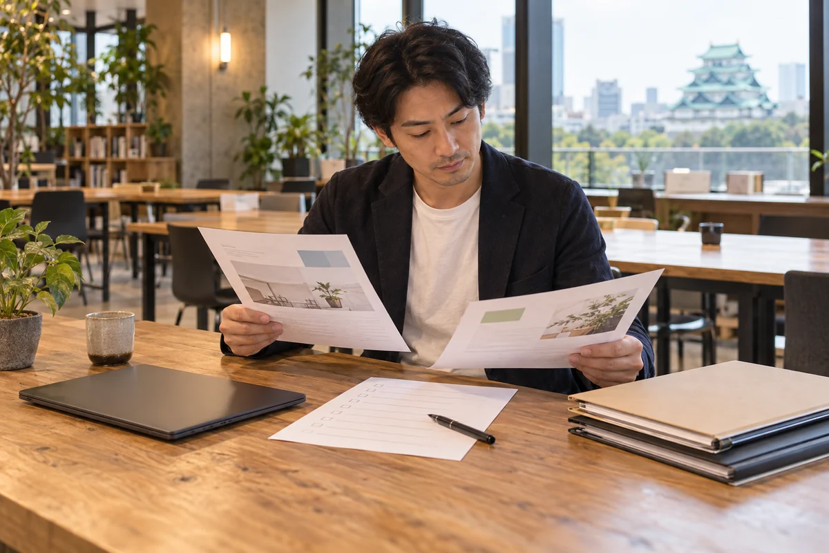 創業予定者が小さな共同作業スペースで複数の融資支援見積書と送付済み資料一覧を整理する架空イメージ