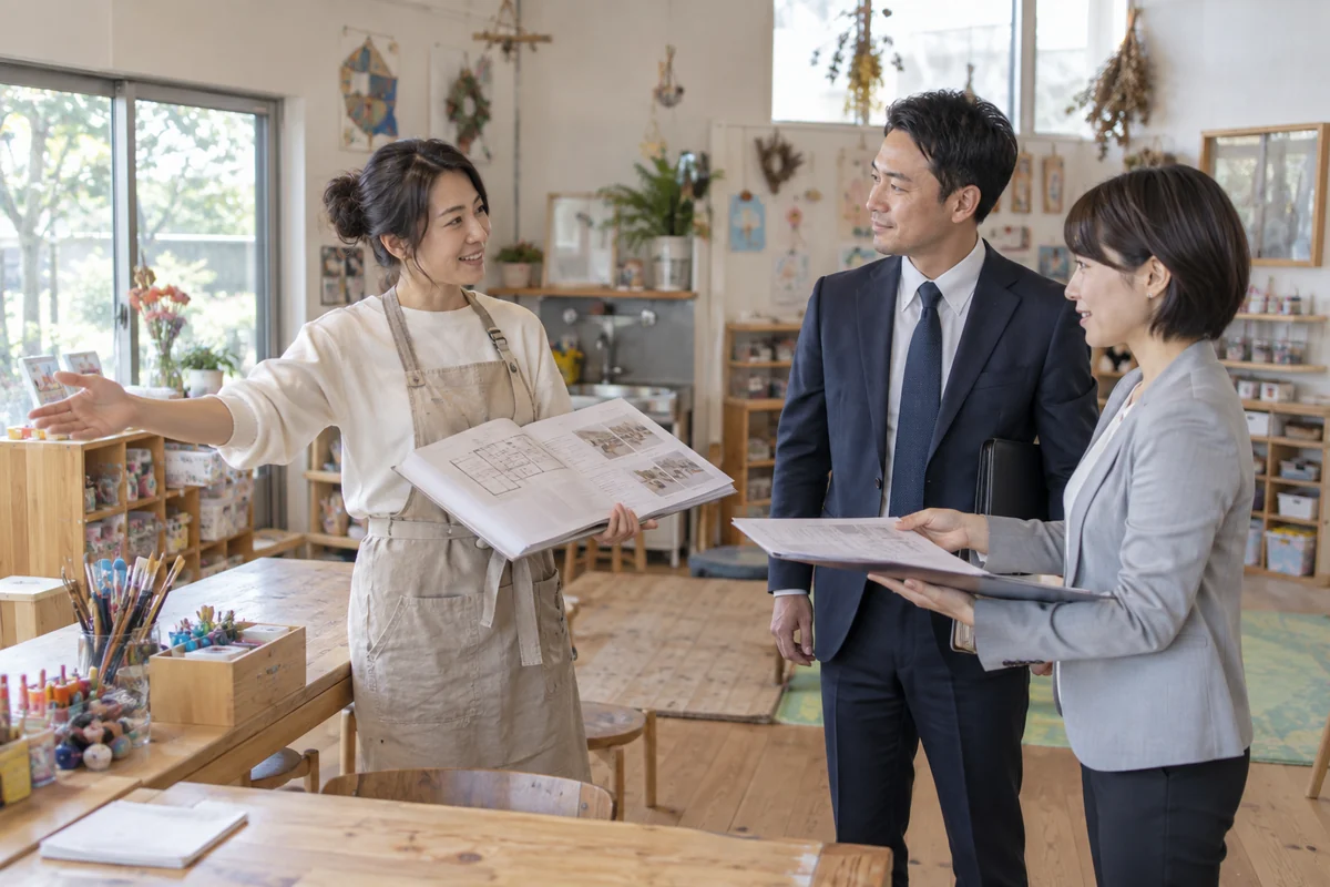 開業前の子ども向け工作教室で創業者が新旧の支援担当者に部屋と計画書を示して引継ぎをする架空イメージ
