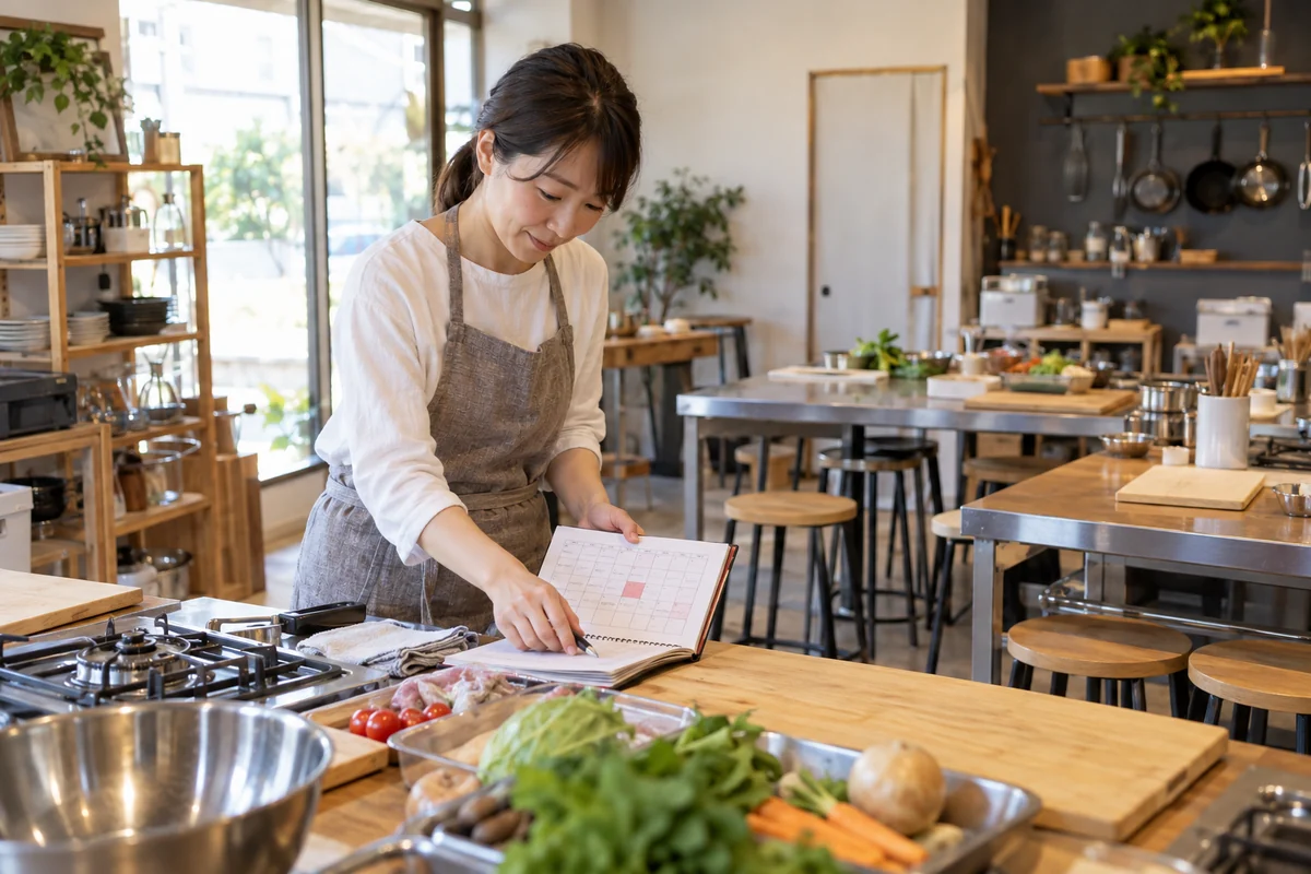 開業準備中の料理教室で創業者が調理台を整えながら予約とキャンセルの日程を帳面で確認する架空イメージ