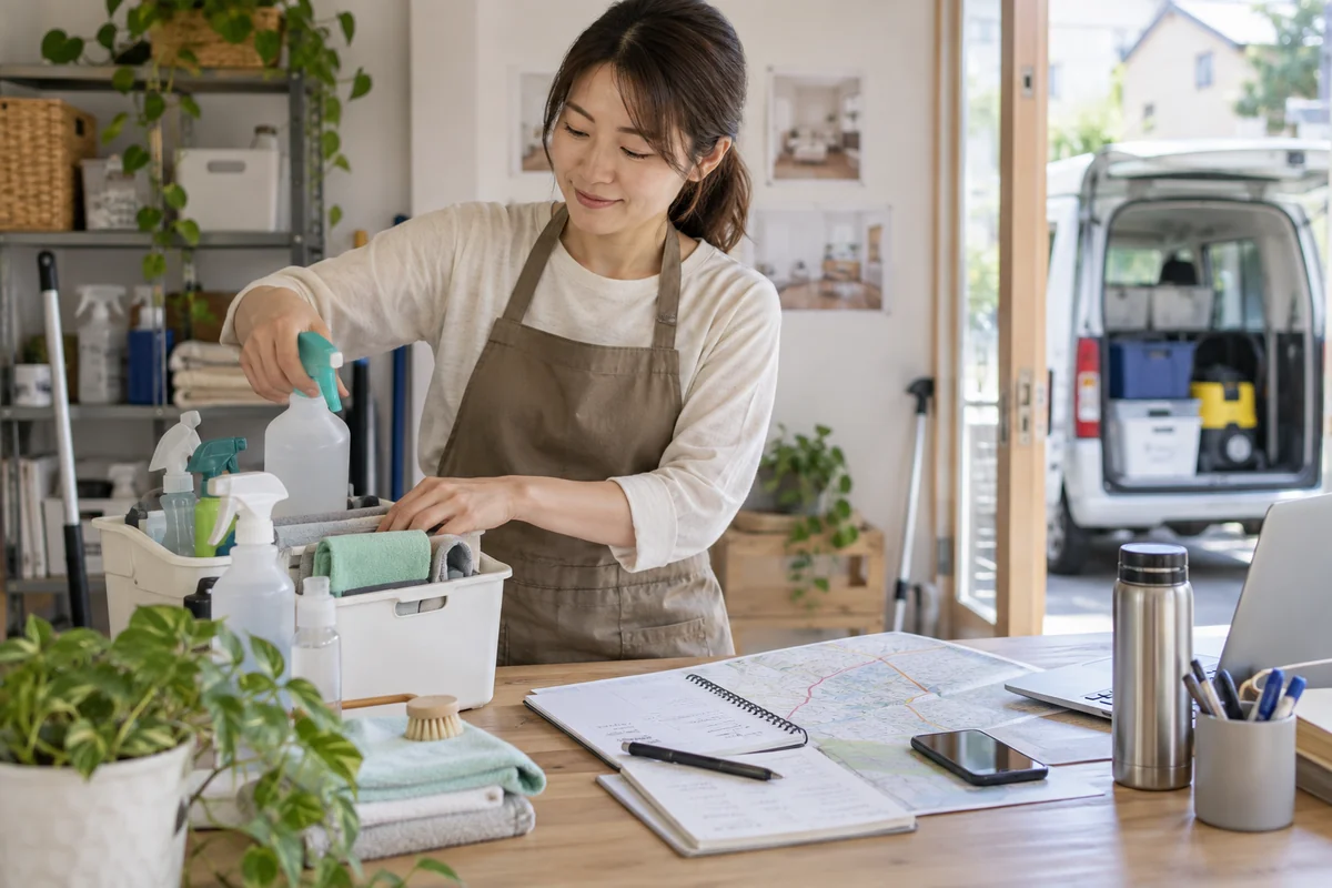 住宅向け清掃サービスの開業予定者が現場用具と訪問経路を整えながら創業計画の作業を進める架空イメージ