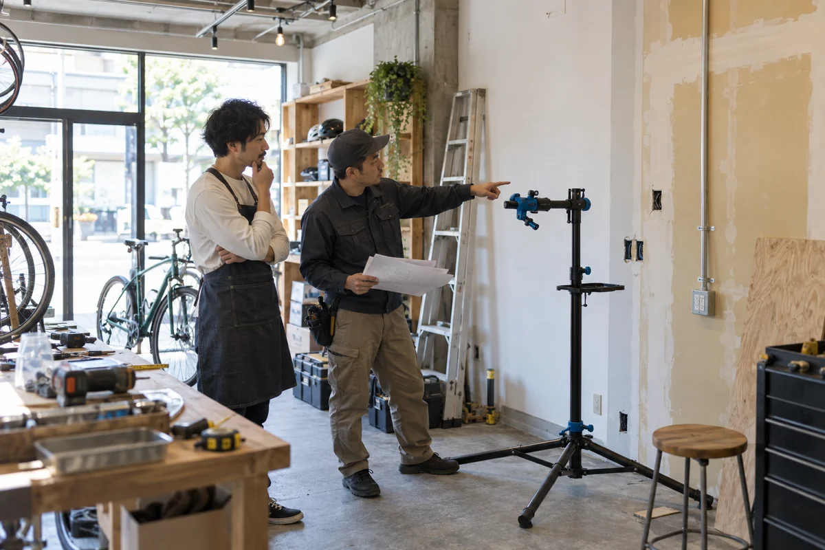 開業前の自転車修理店で創業者と施工担当者が修理台、電源、未完了の内装を図面と照合する架空イメージ