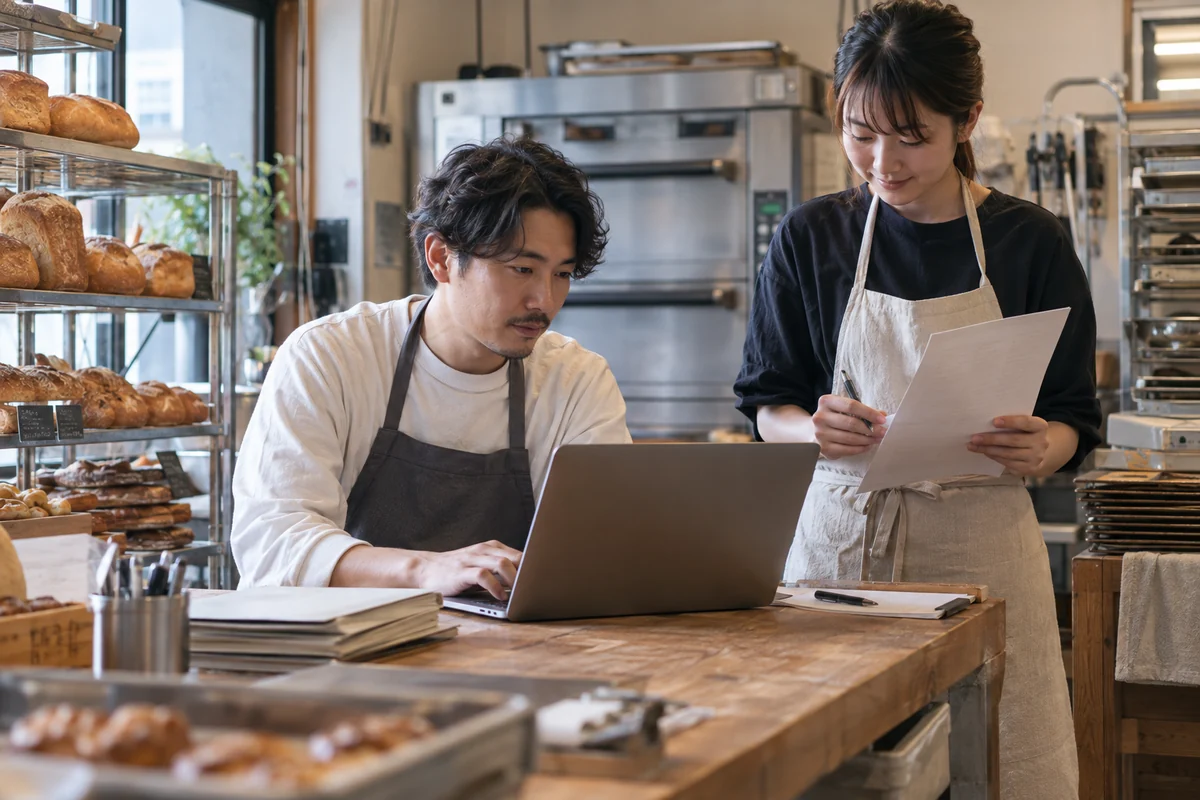 開業前のベーカリーで創業者と同僚が仕事場の資料とパソコンを照合するAI生成の架空イメージ