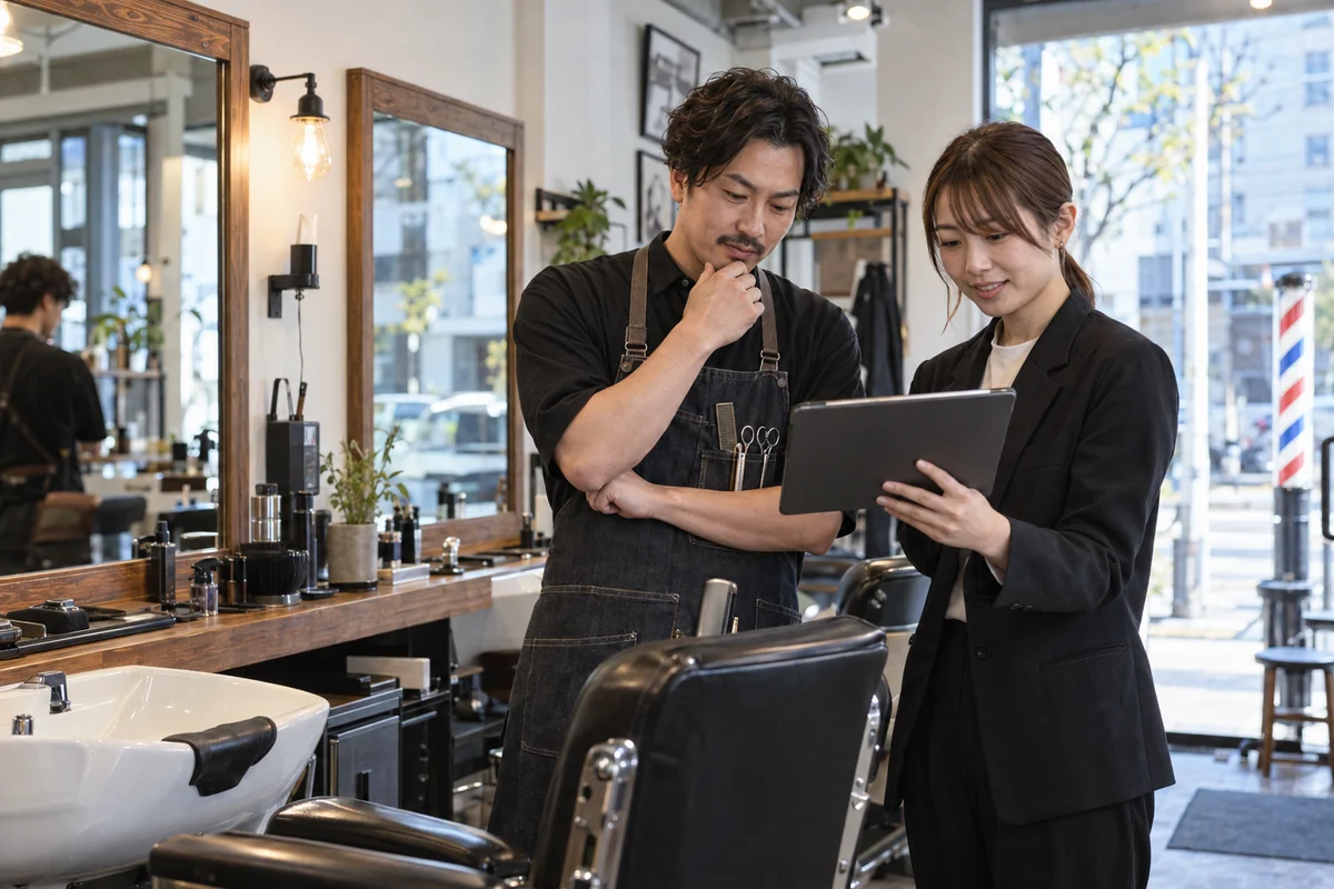 理容店の創業者が店内で支援担当者とタブレット上の掲載案を確認するAI生成の架空イメージ