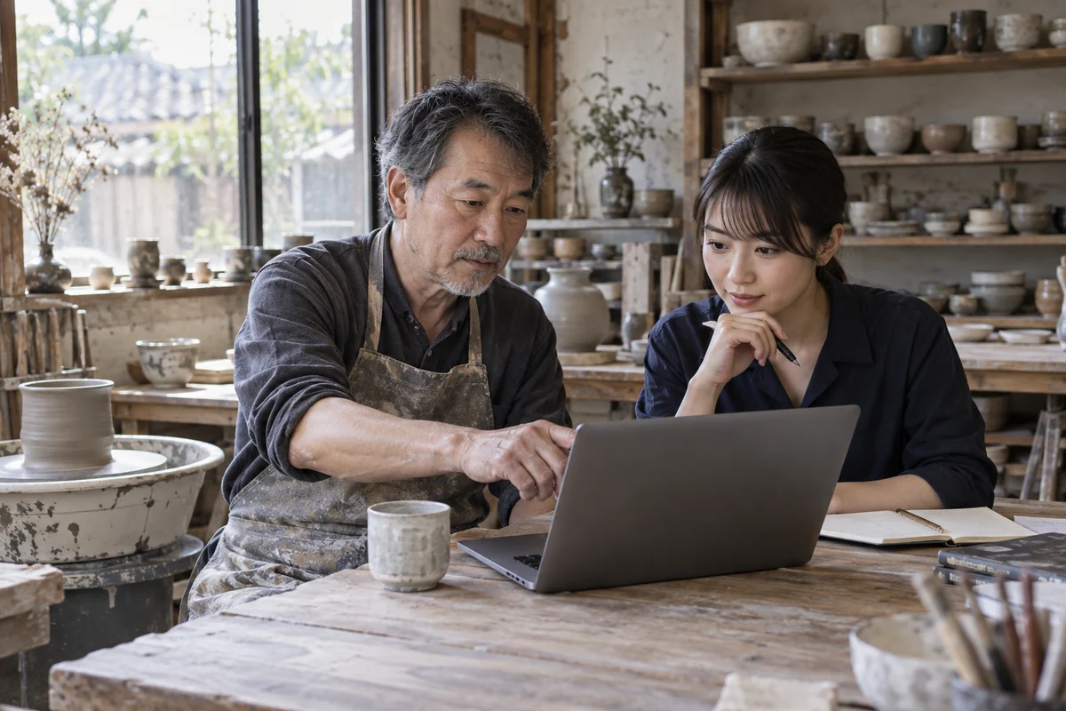 陶芸工房の創業者が次の担当者と計画書データを確認するAI生成の架空イメージ