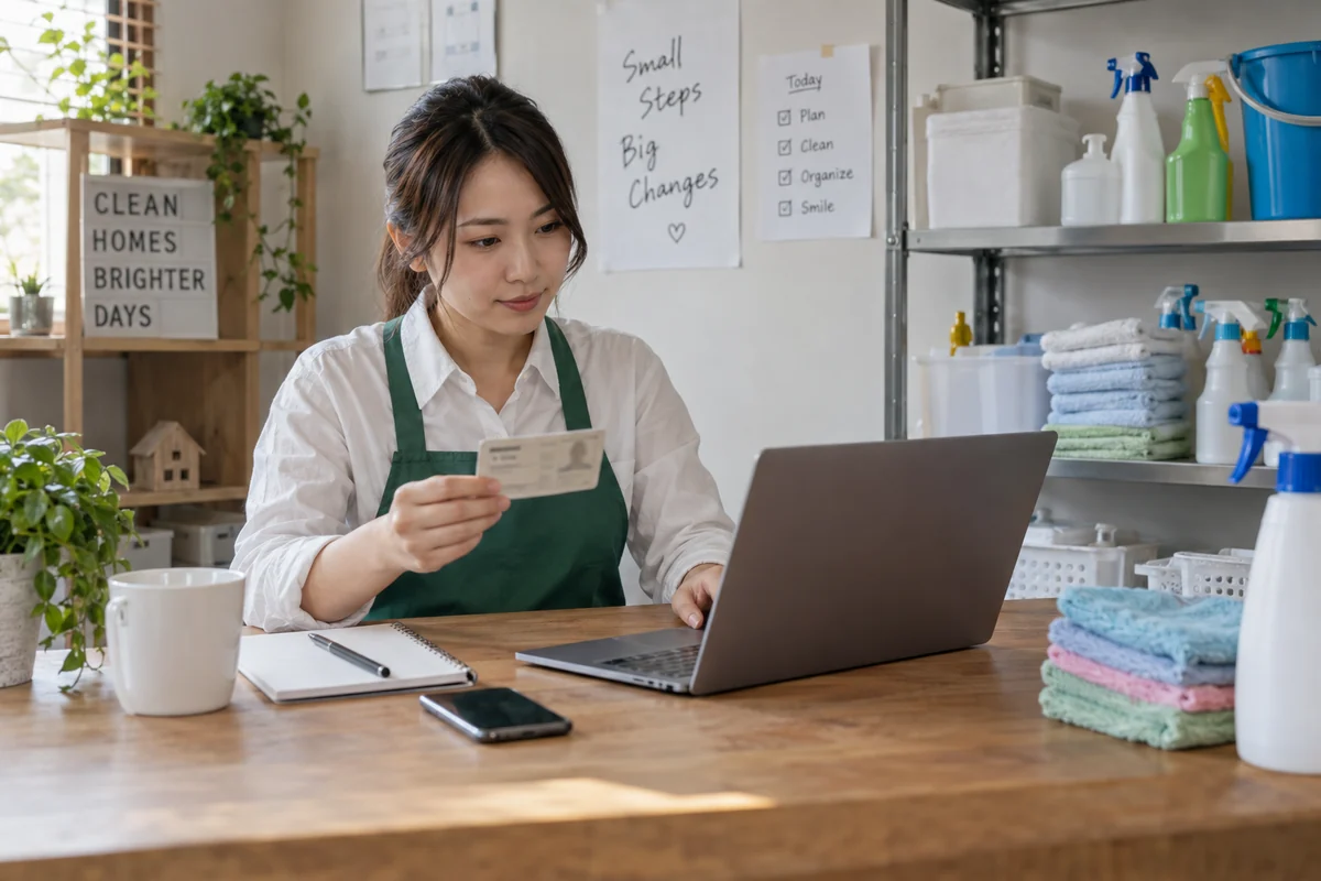 清掃事業の創業者が作業場でカード写しの送付前に画面を確認するAI生成の架空イメージ